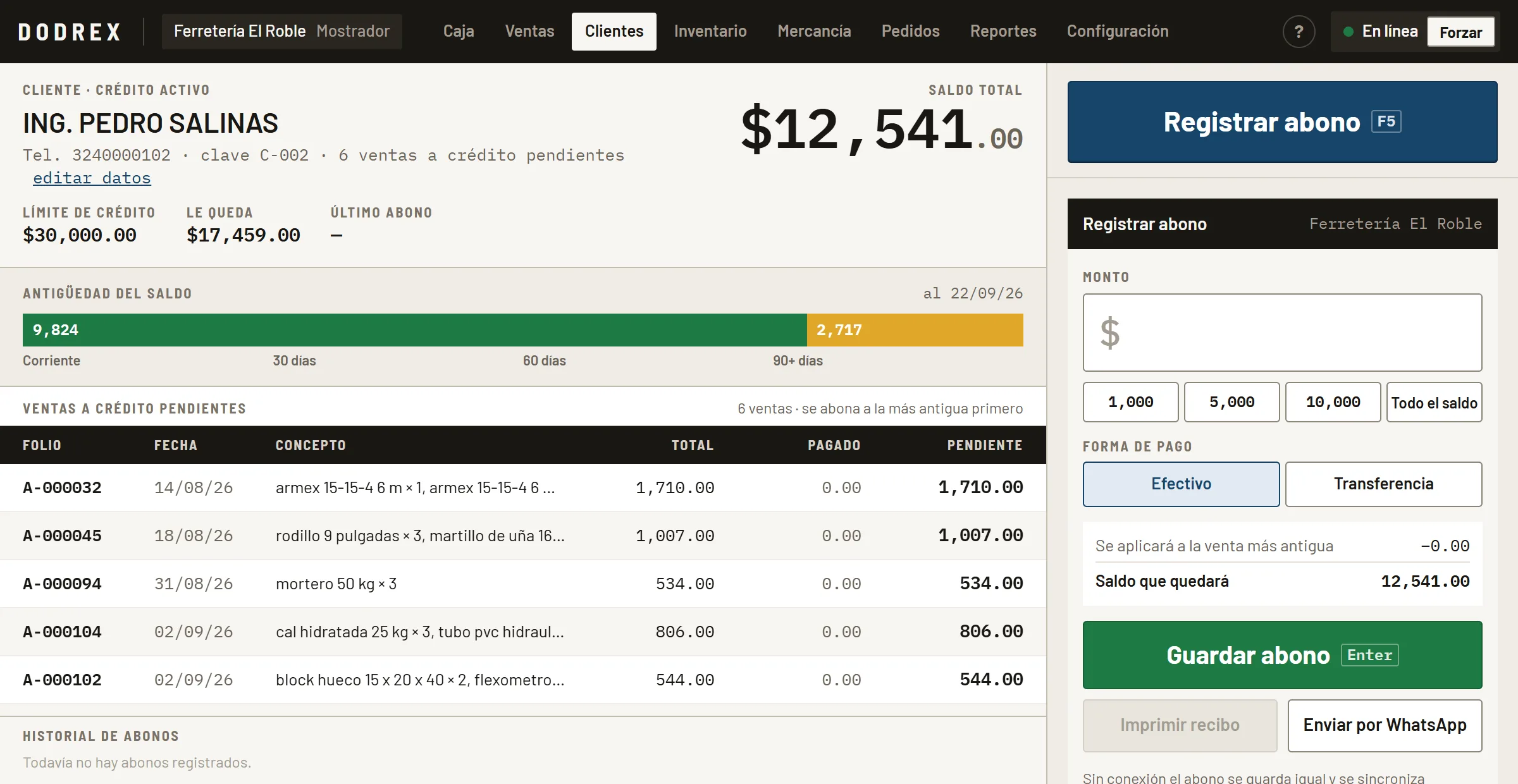 Estado de cuenta de un cliente con saldo, antigüedad y registro de abono